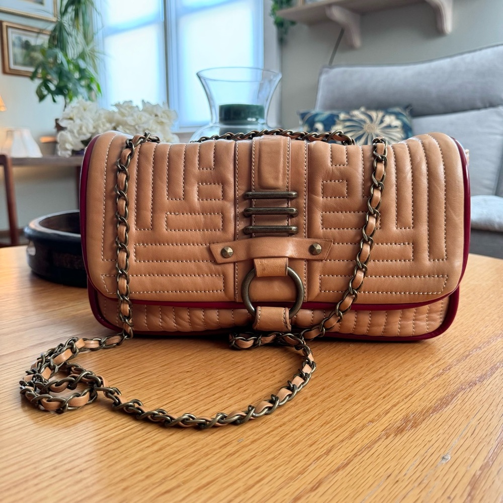 KELSI DAGGER TAN LEATHER QUILTED FLAP BAG CHAIN CROSSBODY OR SHOULDER LA…